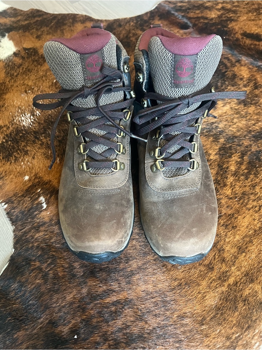 Timberland Brown Leather Hiking Boots with Burgundy Mesh Collar- Waterproof 11
